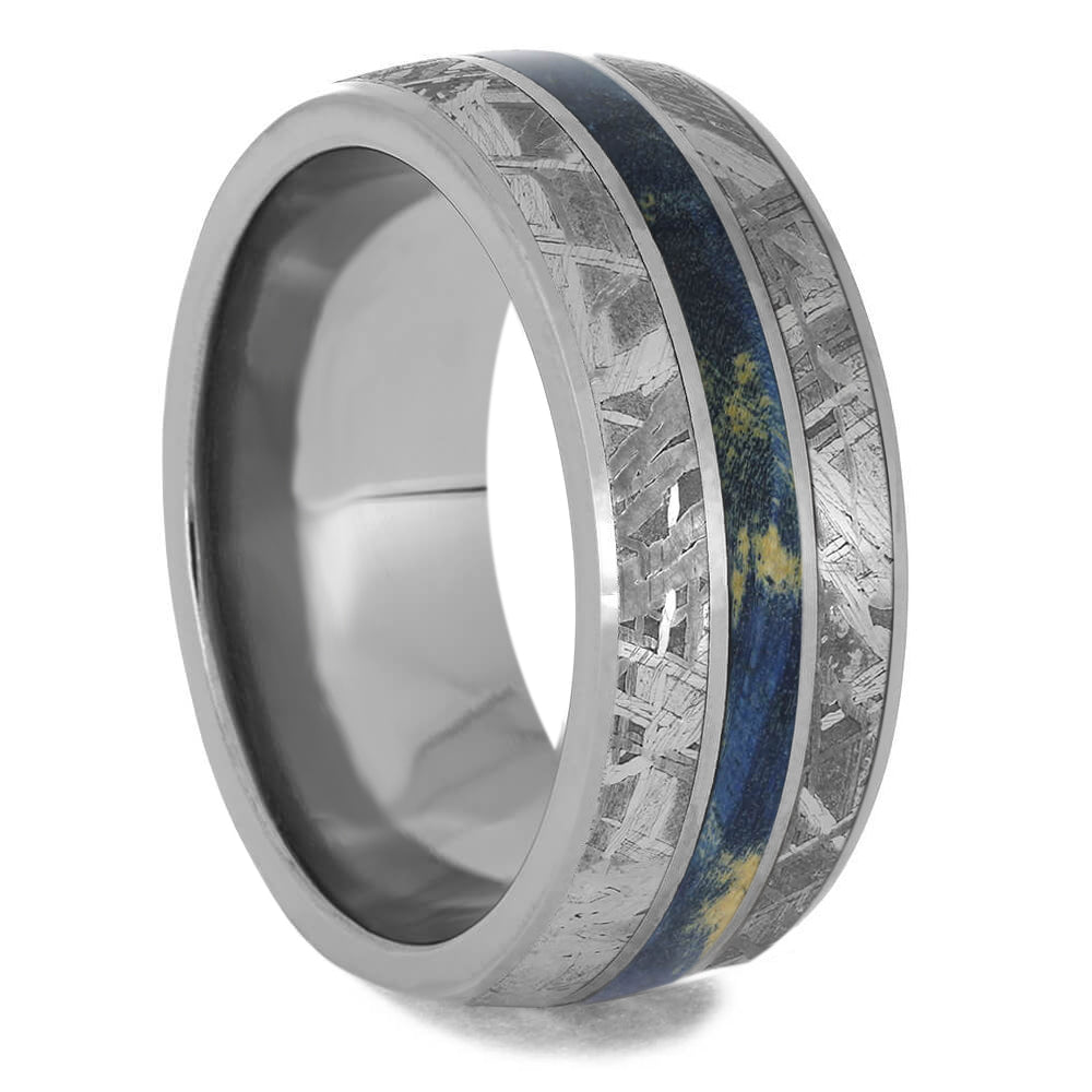 Wide Meteorite Men's Wedding Band With Blue Wood Center - Jewelry by Johan