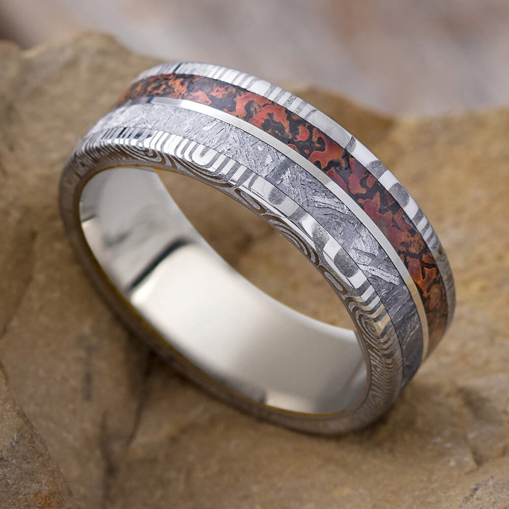 Meteorite and Damascus Wedding Band