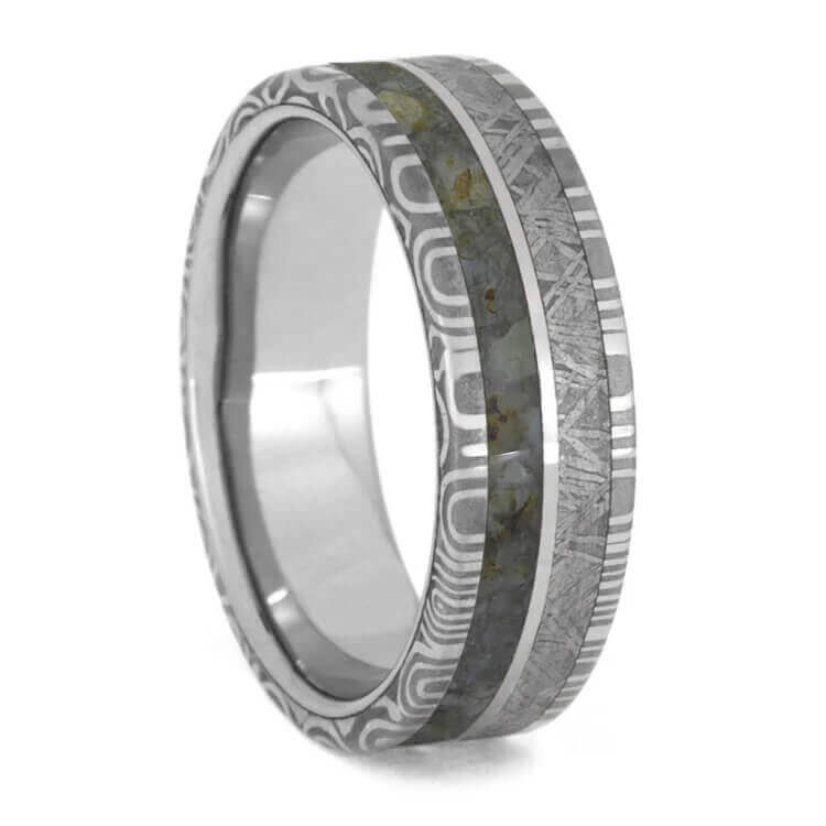 Damascus Steel Man's Ring, Meteorite And Dinosaur Bone Wedding Band-3615 - Jewelry by Johan