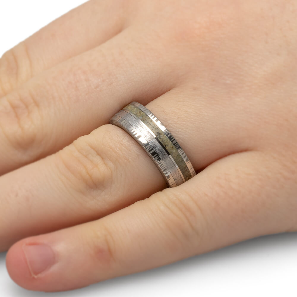 Damascus Steel Man's Ring, Meteorite And Dinosaur Bone Wedding Band-3615 - Jewelry by Johan