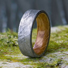 Meteorite Men's Wedding Band With Whiskey Barrel Wood Sleeve-3622 - Jewelry by Johan