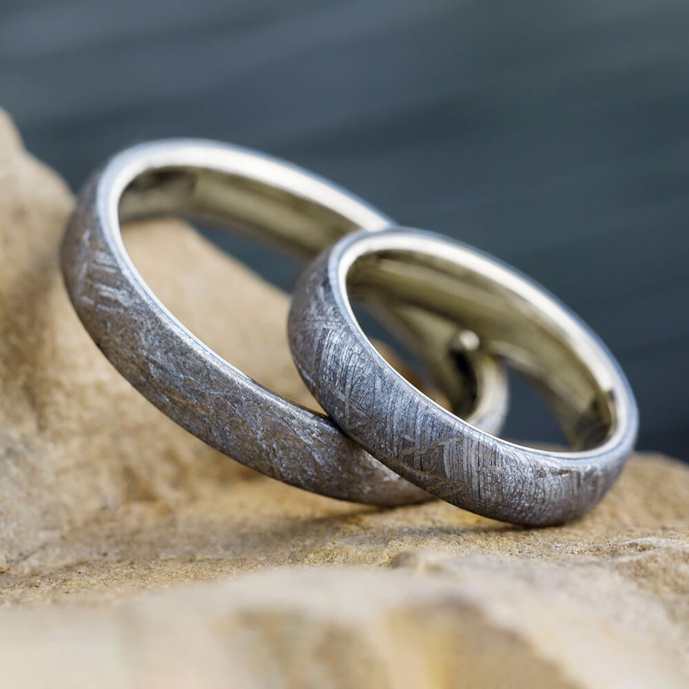 His and Hers White Gold Meteorite Rings