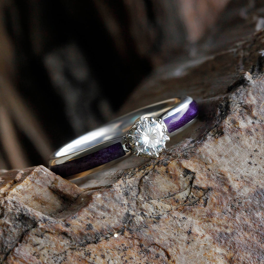 Moissanite Engagement Ring with Purple Wood
