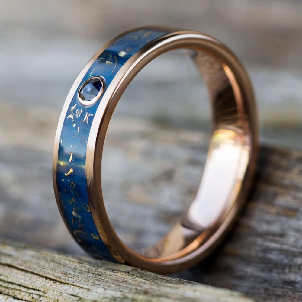 Sapphire & Rose Gold Wedding Band with Meteorite
