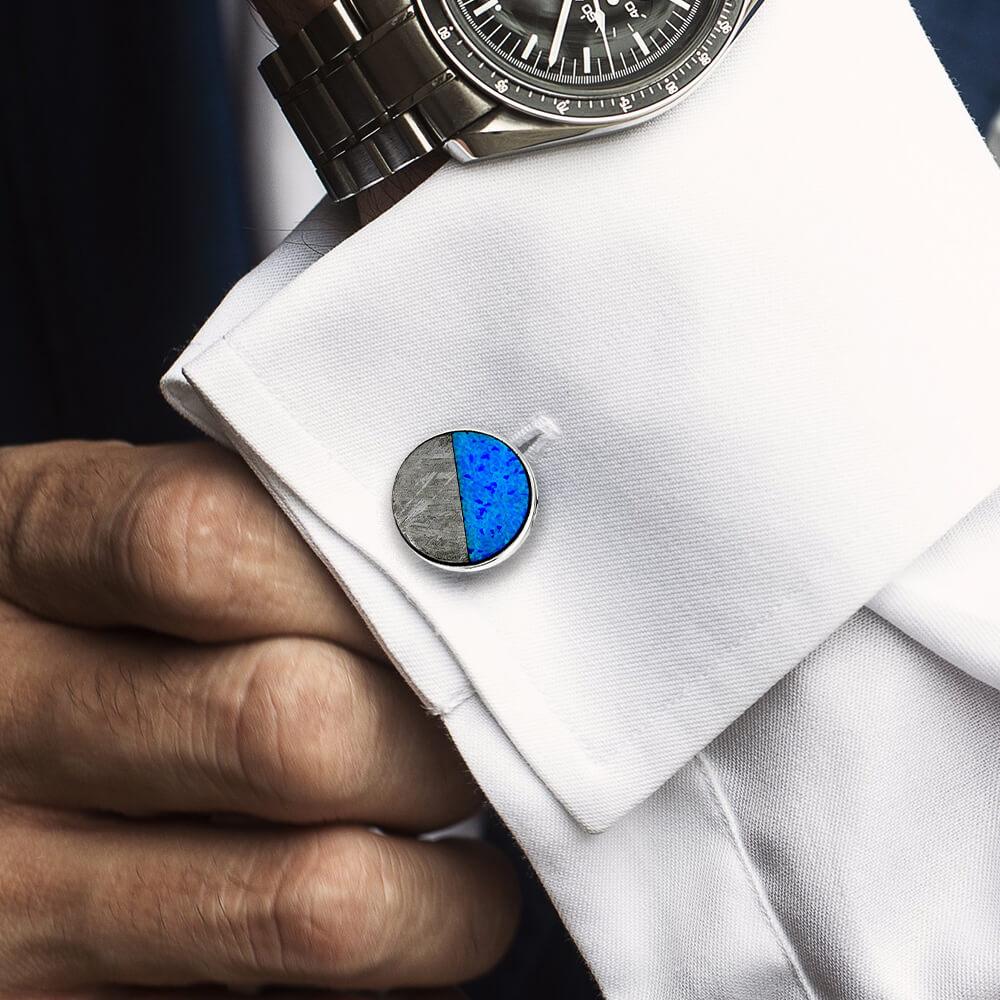 Round Opal and Meteorite Cuff Links in Sterling Silver