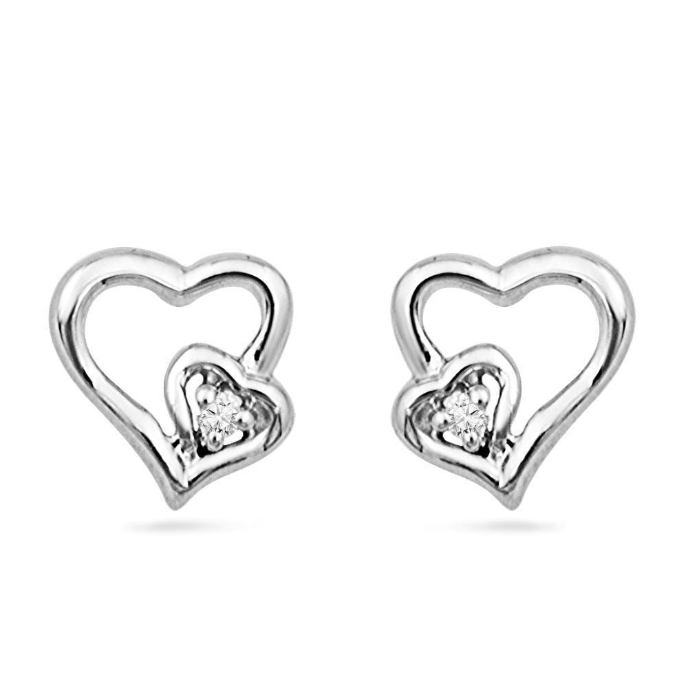 Diamond Heart Stud Earrings, Silver or White Gold-SHEF070654ATW - Jewelry by Johan