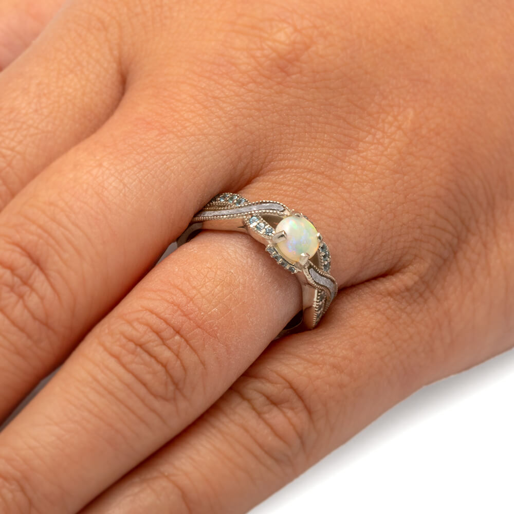 Opal Engagement Ring With Twist Band Featuring Diamond Accents And Meteorite Inlay-3678 - Jewelry by Johan