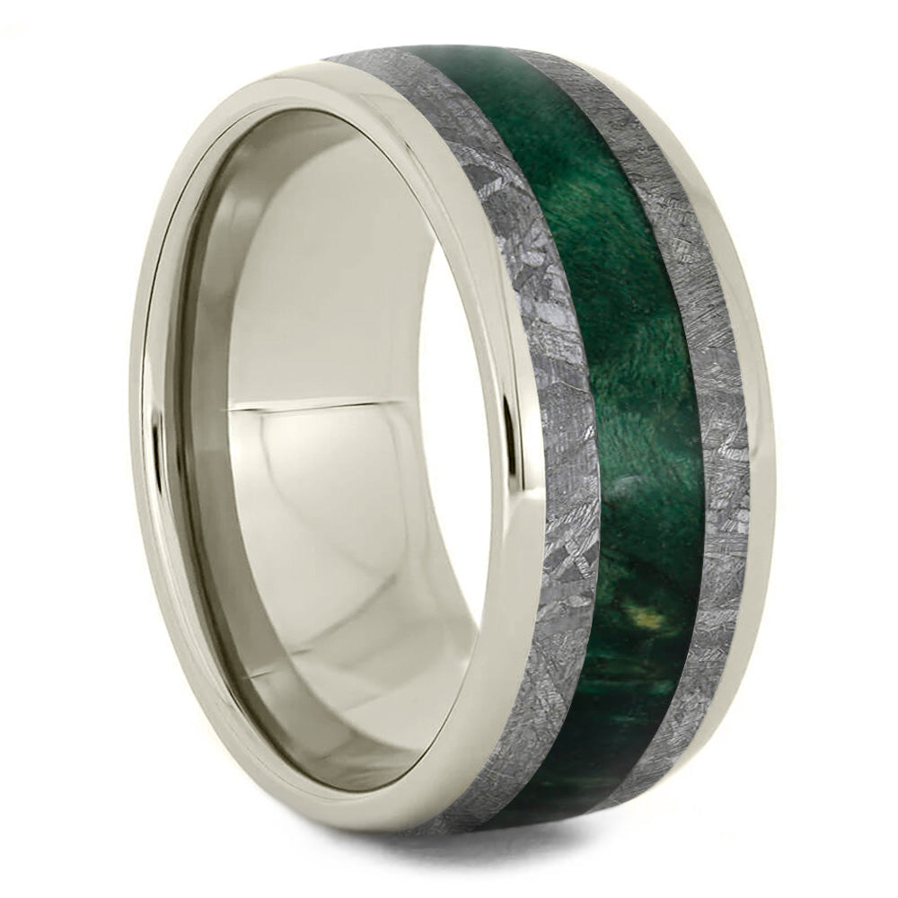 Unique Green Men's Wedding Band With Meteorite & Wood