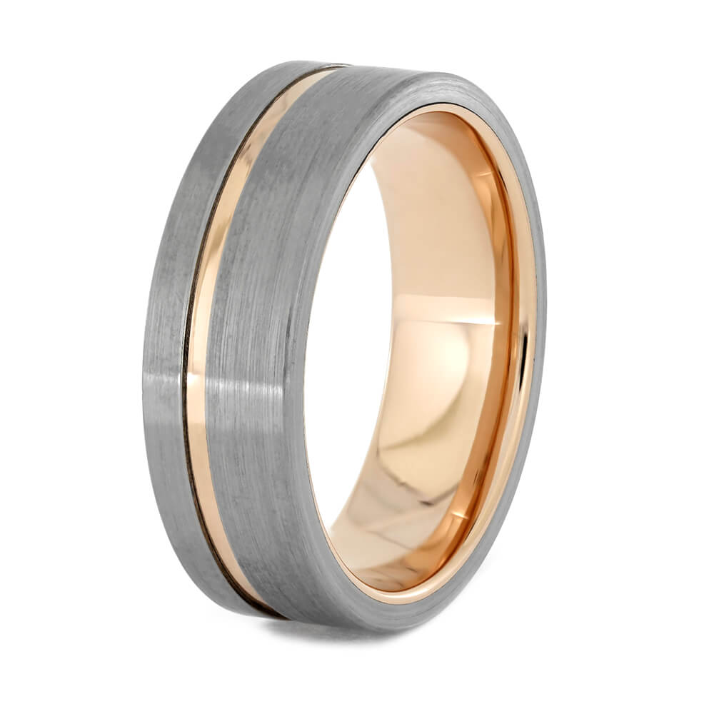 Polished Rose Gold Wedding Band with Brushed Titanium Accents, All Metal Ring-3705 - Jewelry by Johan