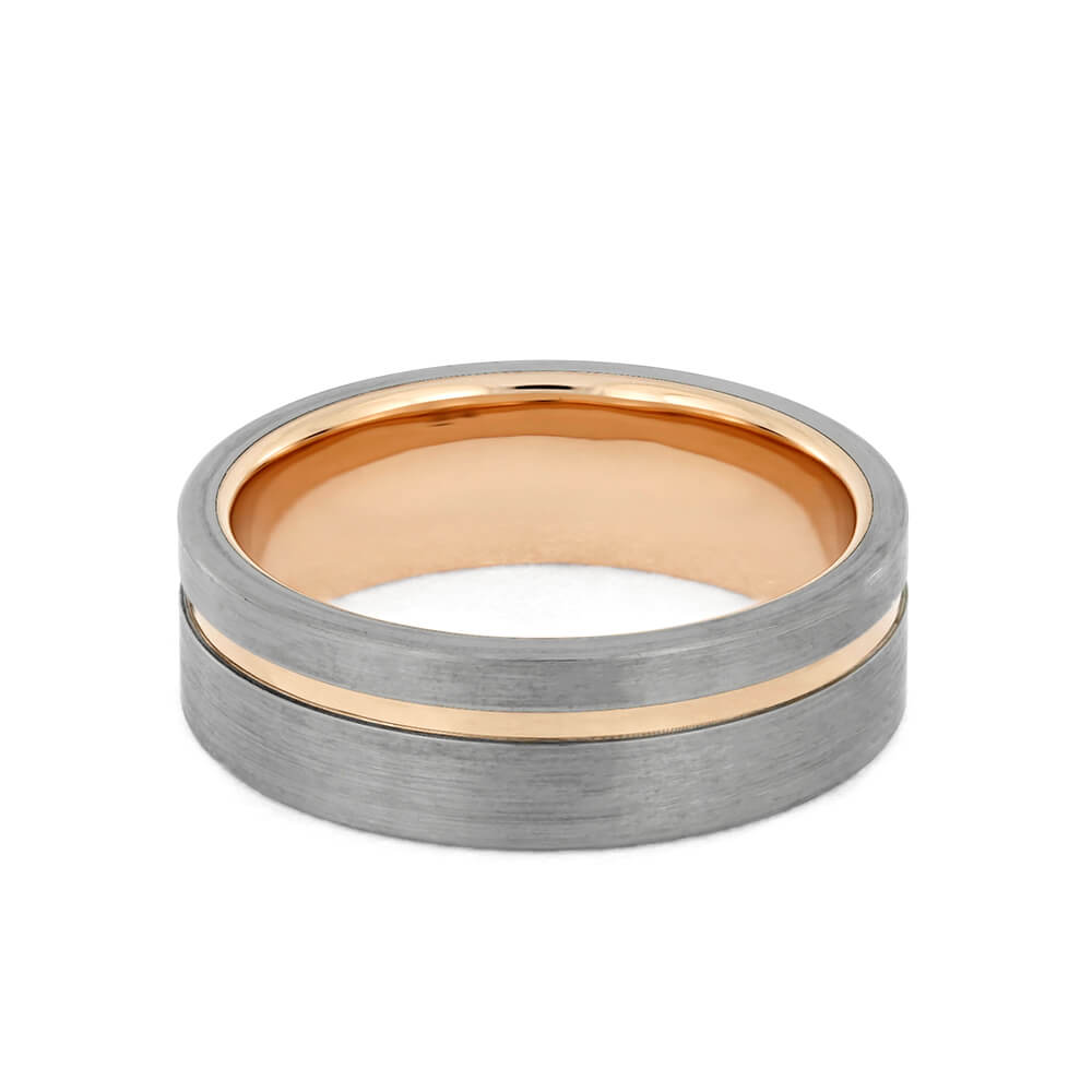 Polished Rose Gold Wedding Band with Brushed Titanium Accents, All Metal Ring-3705 - Jewelry by Johan
