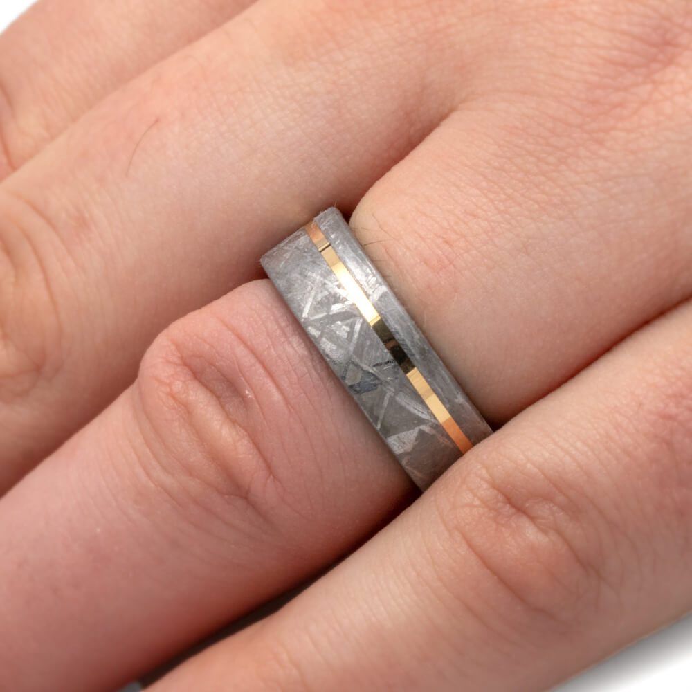 Meteorite Men's Wedding Band With Ironwood Sleeve And Yellow Gold Pinstripe-3714 - Jewelry by Johan