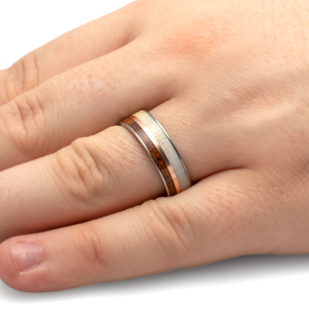 Deer Antler And Koa Wood Ring With Rose Gold Pinstripe-3715 - Jewelry by Johan