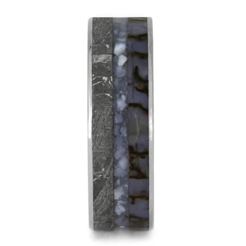 Pearl Men's Wedding Band With Dinosaur Bone & Meteorite - Jewelry by Johan