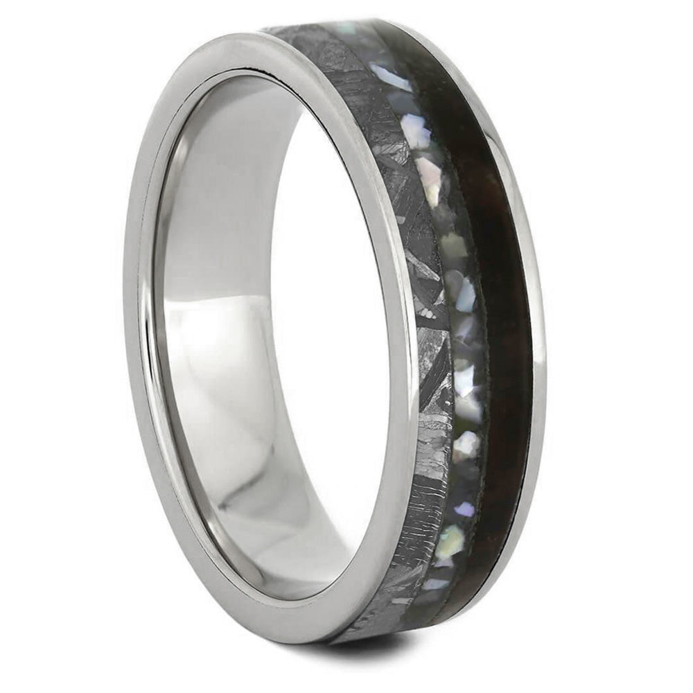 Pearl Men's Wedding Band With Dinosaur Bone & Meteorite - Jewelry by Johan