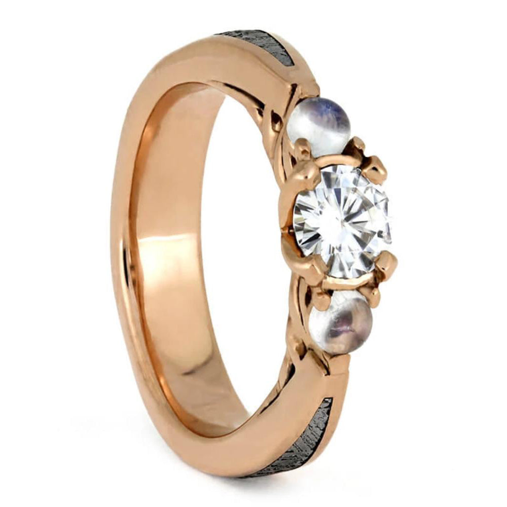 Meteorite, Moonstone & Moissanite Three Stone Engagement Ring - Jewelry by Johan
