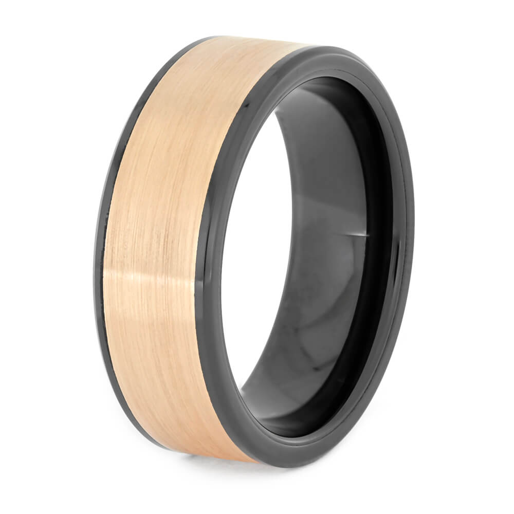 Brushed Rose Gold and Black Ceramic Wedding Band, All Metal Ring-3723 - Jewelry by Johan