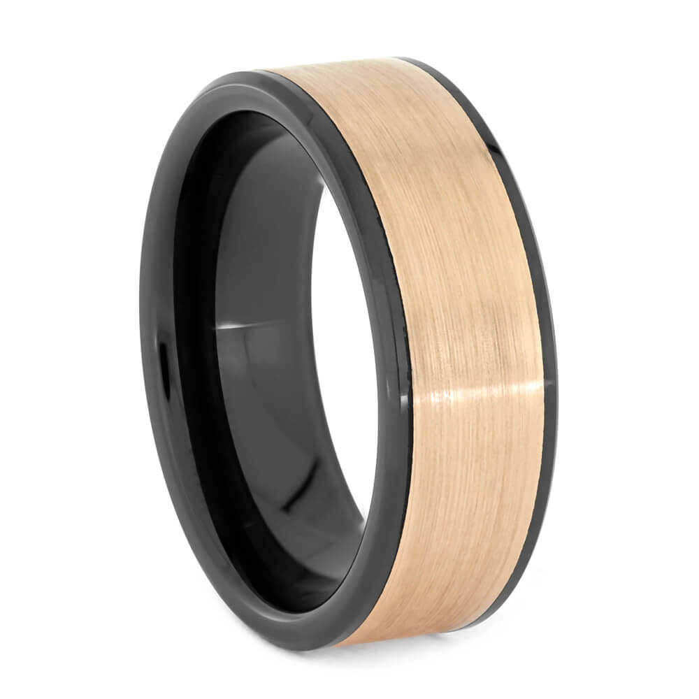 Brushed Rose Gold and Black Ceramic Wedding Band, All Metal Ring-3723 - Jewelry by Johan