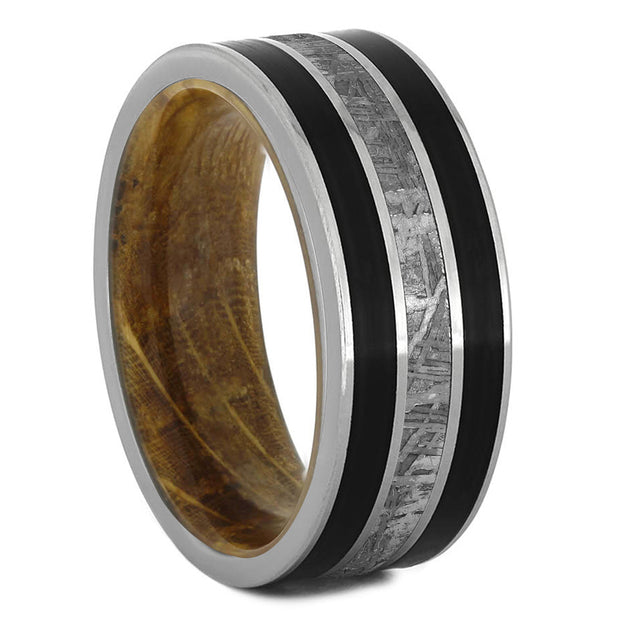 Whiskey Wood Men's Wedding Band With Jade & Meteorite - Jewelry by Johan