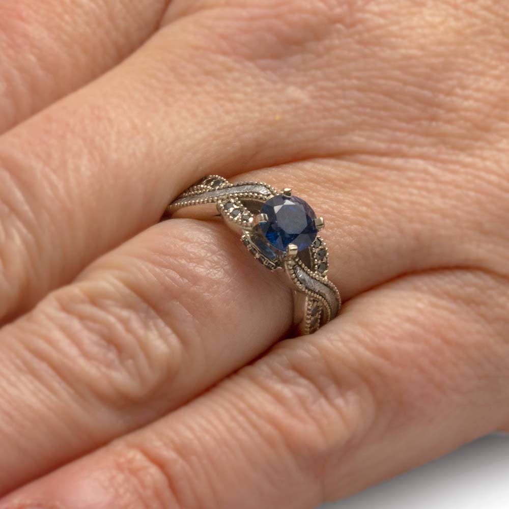 Blue Sapphire Engagement Ring with Meteorite