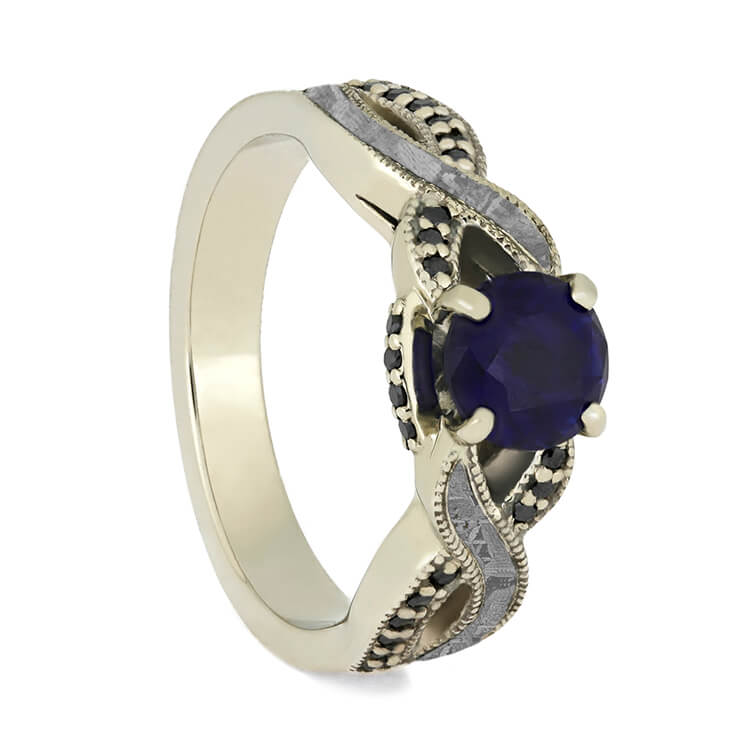 Blue Sapphire Engagement Ring With Black Diamond Accents, Meteorite Ring-3737 - Jewelry by Johan