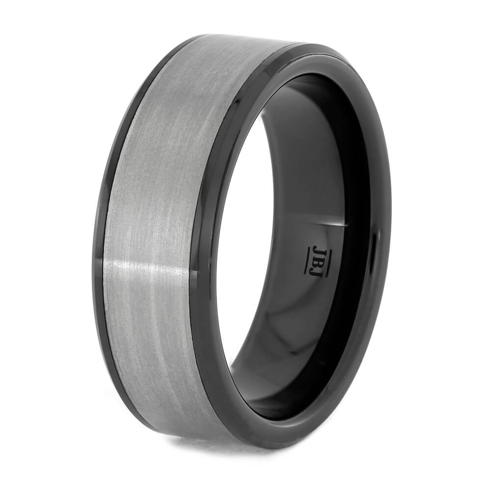 Black Ceramic Wedding Band with Brushed Titanium Inlay, All Metal Ring-3759 - Jewelry by Johan