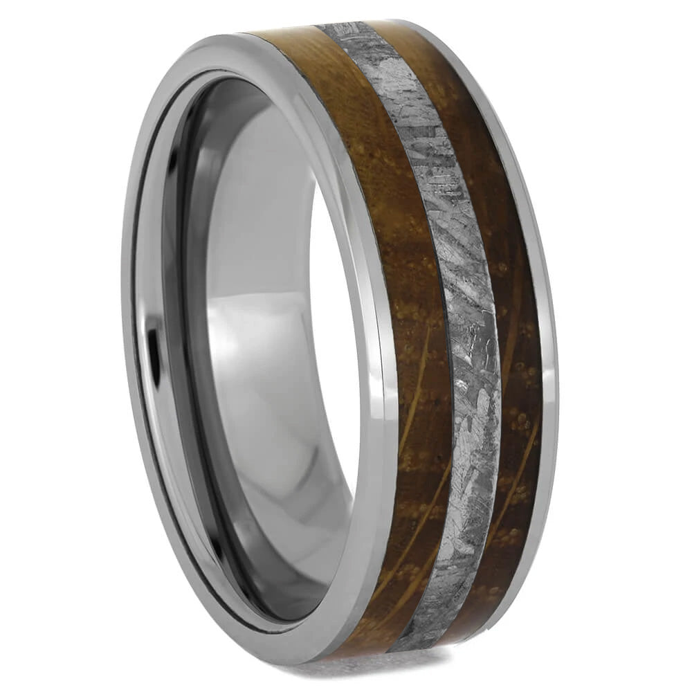 Tungsten Wedding Band With Meteorite & Whiskey Barrel Oak - Jewelry by Johan
