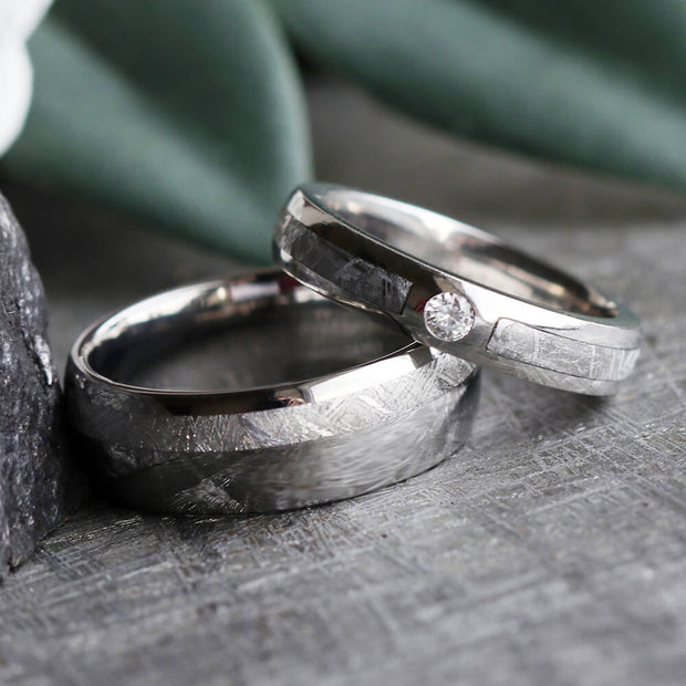 Matching Meteorite Wedding Bands With Moissanite