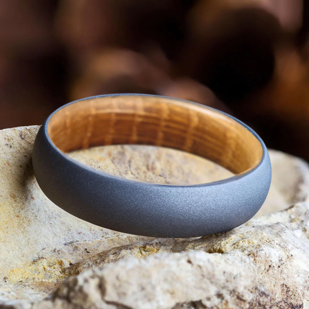 Sandblasted Titanium Ring With Whiskey Barrel Wood Inside