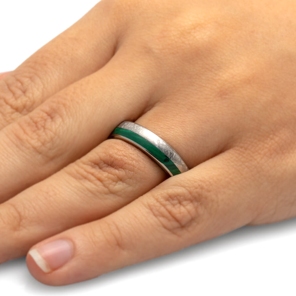 Unique Men's Wedding Band With Meteorite, Ironwood Sleeve and Malachite-3787 - Jewelry by Johan
