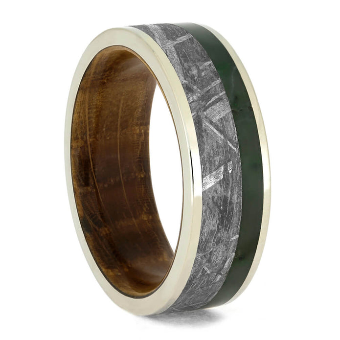 Gibeon Meteorite Ring With Green Jade, Whiskey Barrel Wedding Band-3824 - Jewelry by Johan