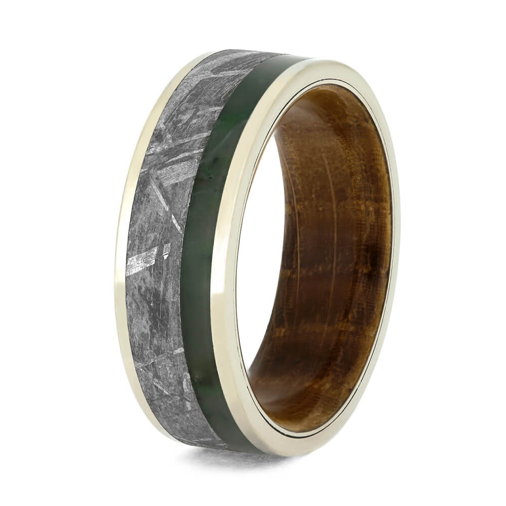 Gibeon Meteorite Ring With Green Jade, Whiskey Barrel Wedding Band-3824 - Jewelry by Johan
