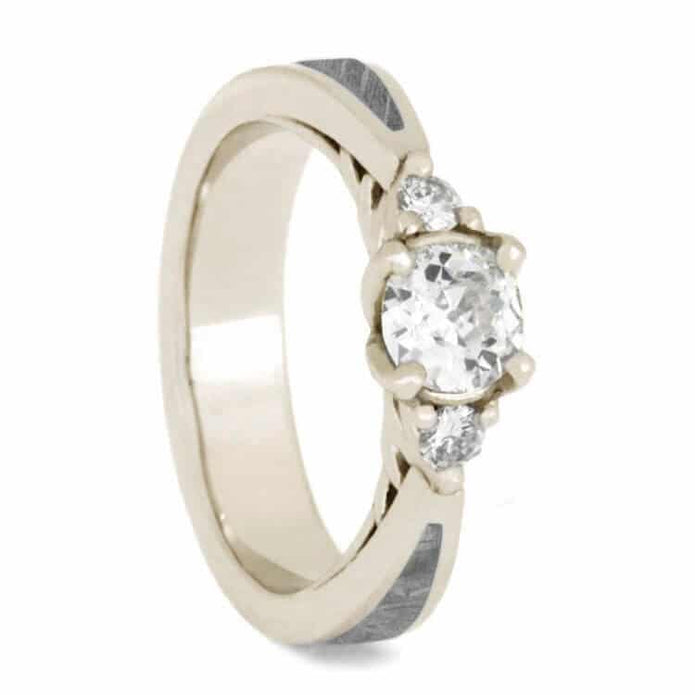 White Gold Bridal Set, Meteorite Engagement Ring With Minimalist Shadow Band-4091 - Jewelry by Johan