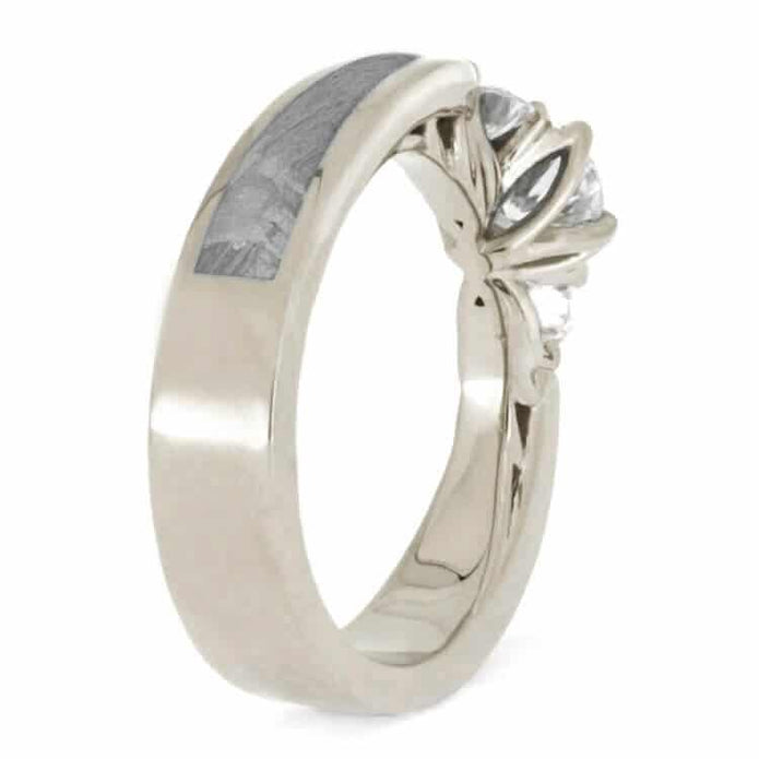 White Gold Bridal Set, Meteorite Engagement Ring With Minimalist Shadow Band-4091 - Jewelry by Johan