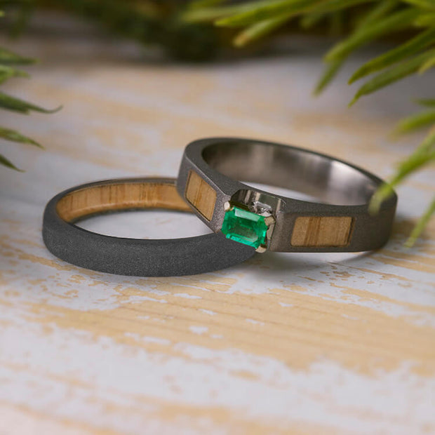 Sandblasted Titanium Bridal Set With Oak Wood And Emerald - Jewelry by Johan