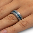 Blue Men's Ring With Gibeon Meteorite, Colorful Wedding Band-3857 - Jewelry by Johan