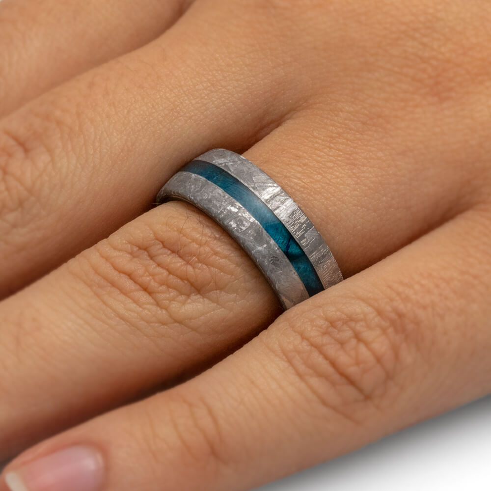 Blue Men's Ring With Gibeon Meteorite, Colorful Wedding Band