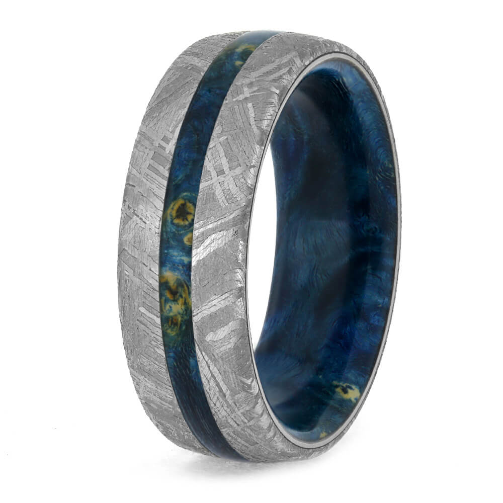 Blue Men's Ring With Gibeon Meteorite, Colorful Wedding Band