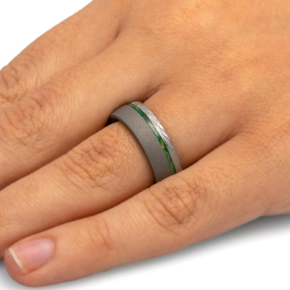 Sandblasted Men's Wedding Band With Green Box Elder Wood And Meteorite-3858 - Jewelry by Johan