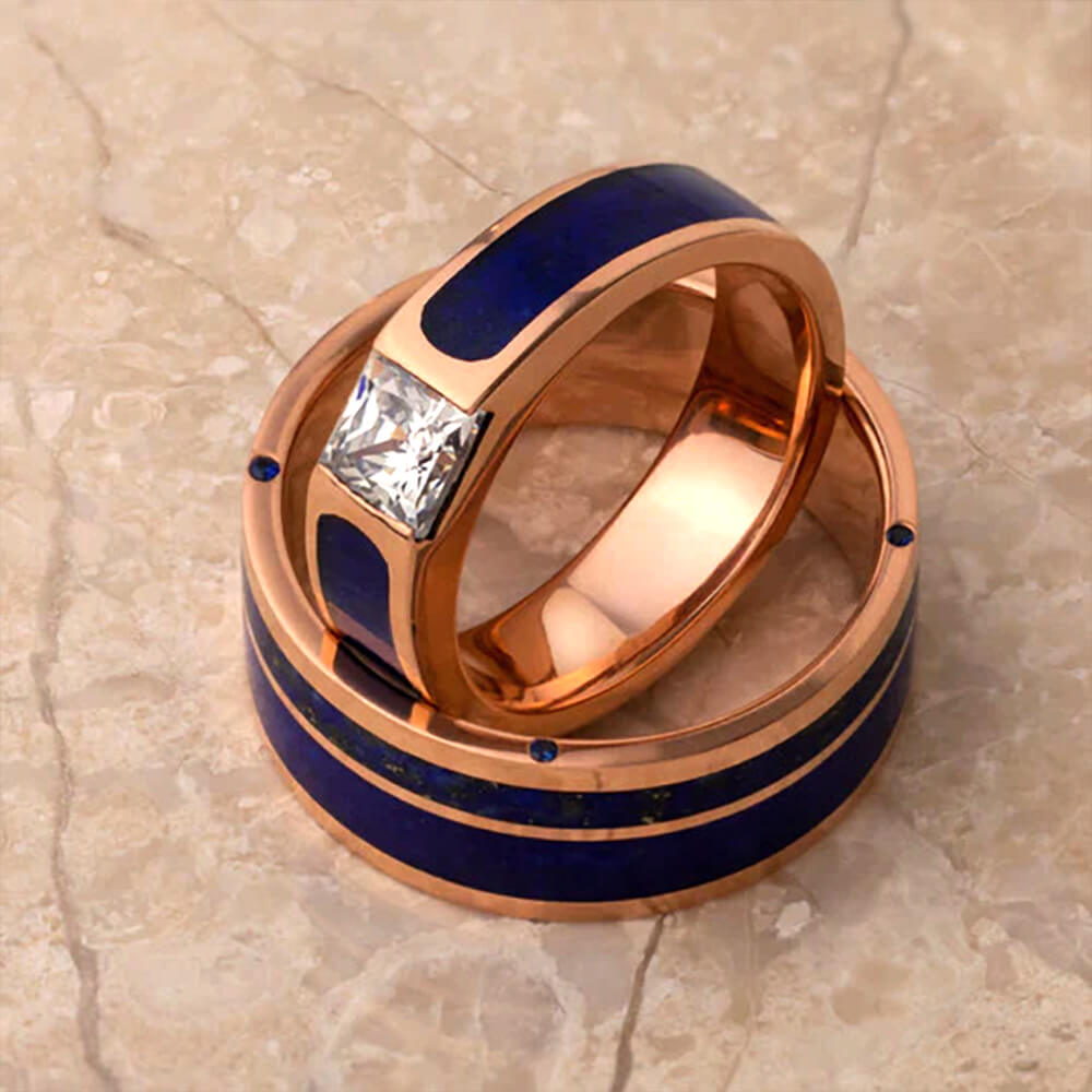 Rose Gold Wedding Ring Set With Lapis Lazuli