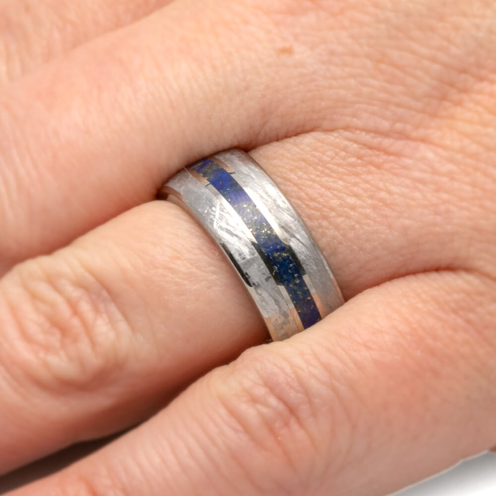 Men's Wedding Band With Meteorite and Lapis