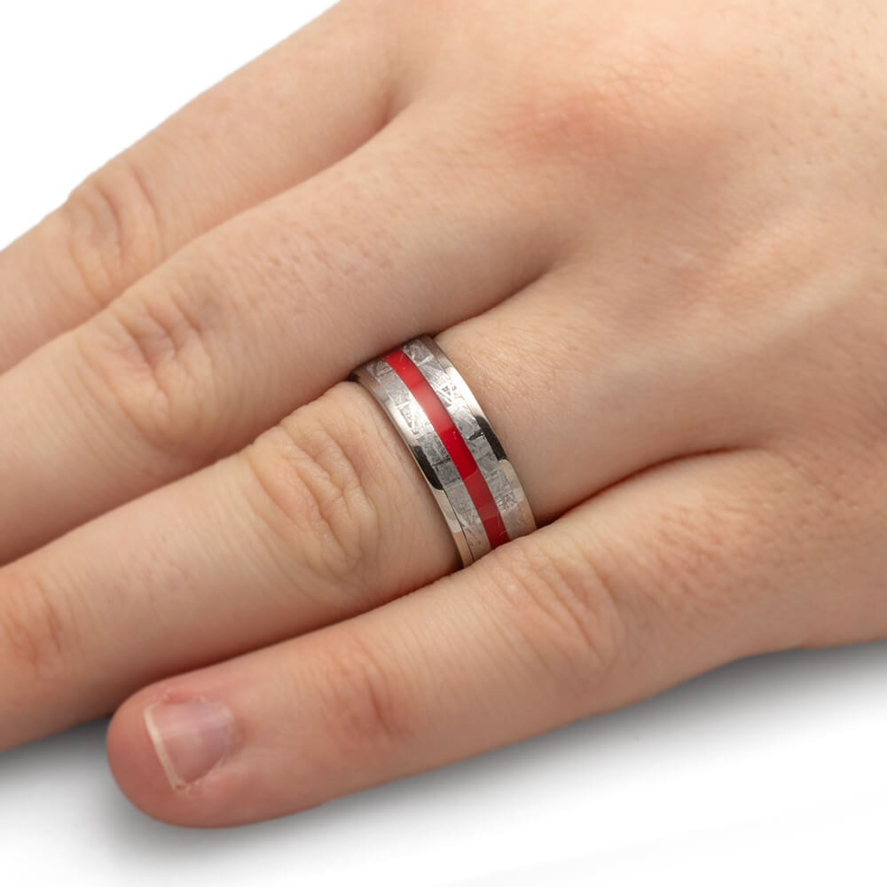 Men's Meteorite Ring With Red Enamel Pinstripe, Titanium Wedding Band-3868 - Jewelry by Johan