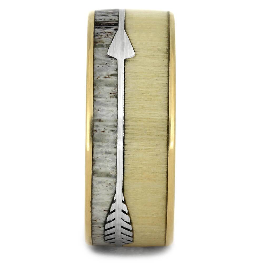 Yellow Gold Arrow Ring with Deer Antler and Aspen Wood