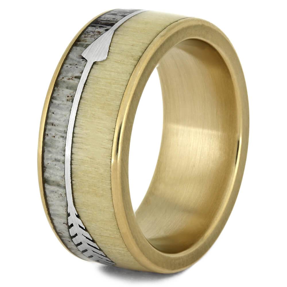 Yellow Gold Arrow Ring with Deer Antler and Aspen Wood