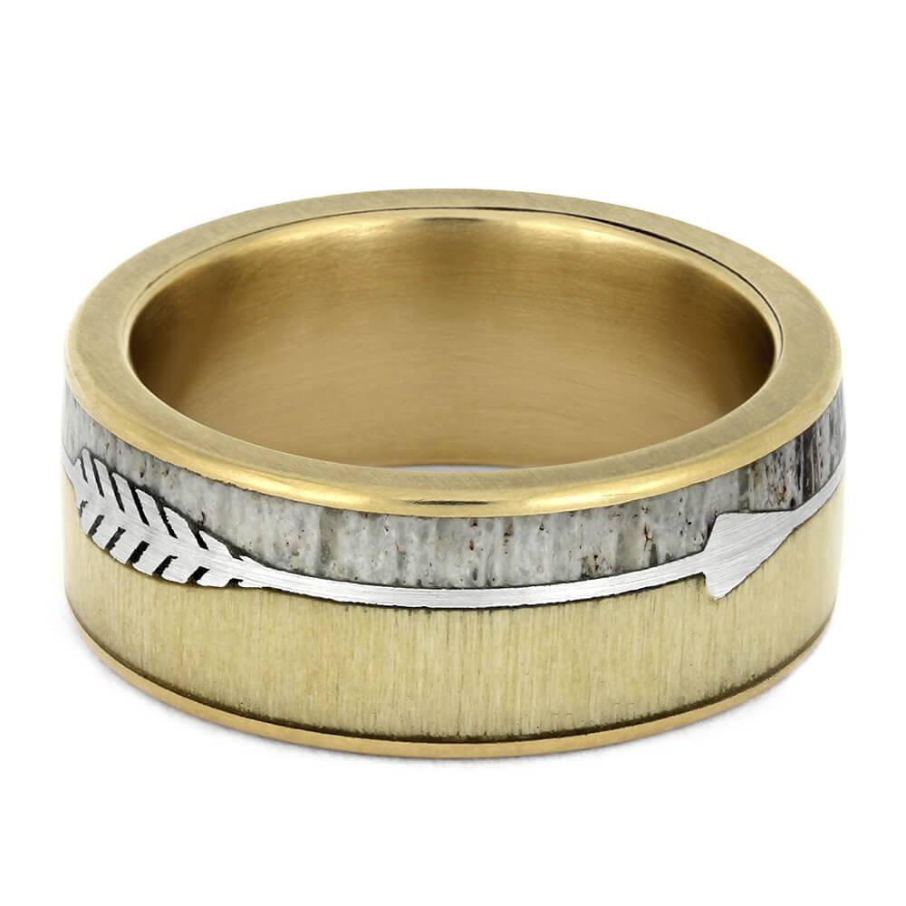 Yellow Gold Arrow Ring with Deer Antler and Aspen Wood