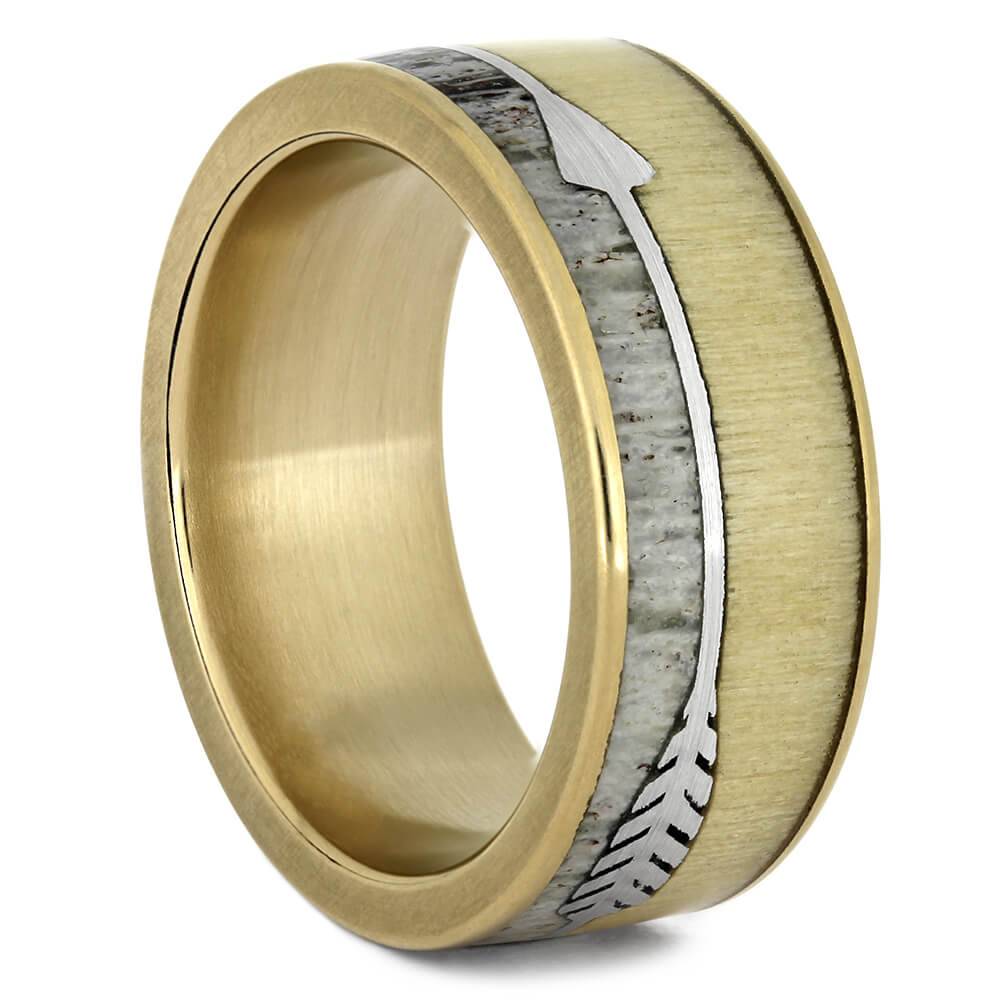 Yellow Gold Arrow Ring with Deer Antler and Aspen Wood