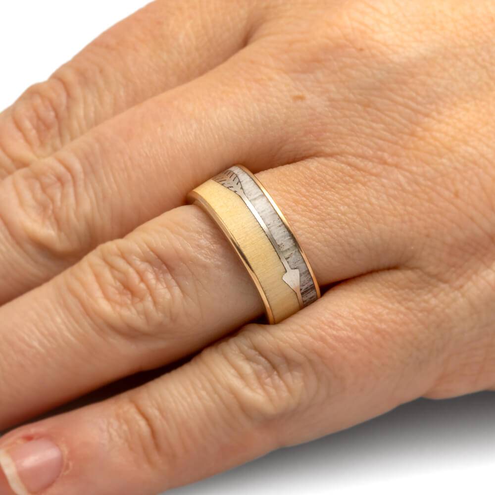 Yellow Gold Arrow Ring with Deer Antler and Aspen Wood
