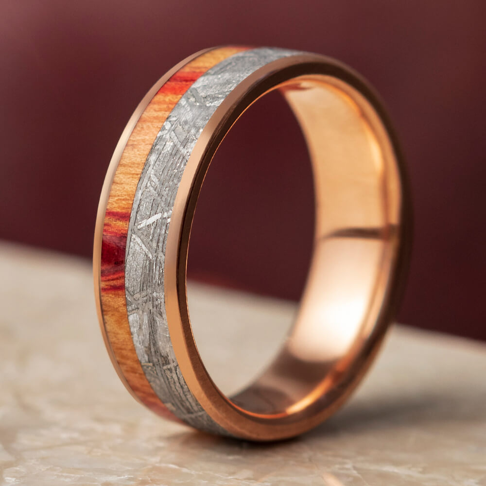 Rose Gold Meteorite Ring with Wood