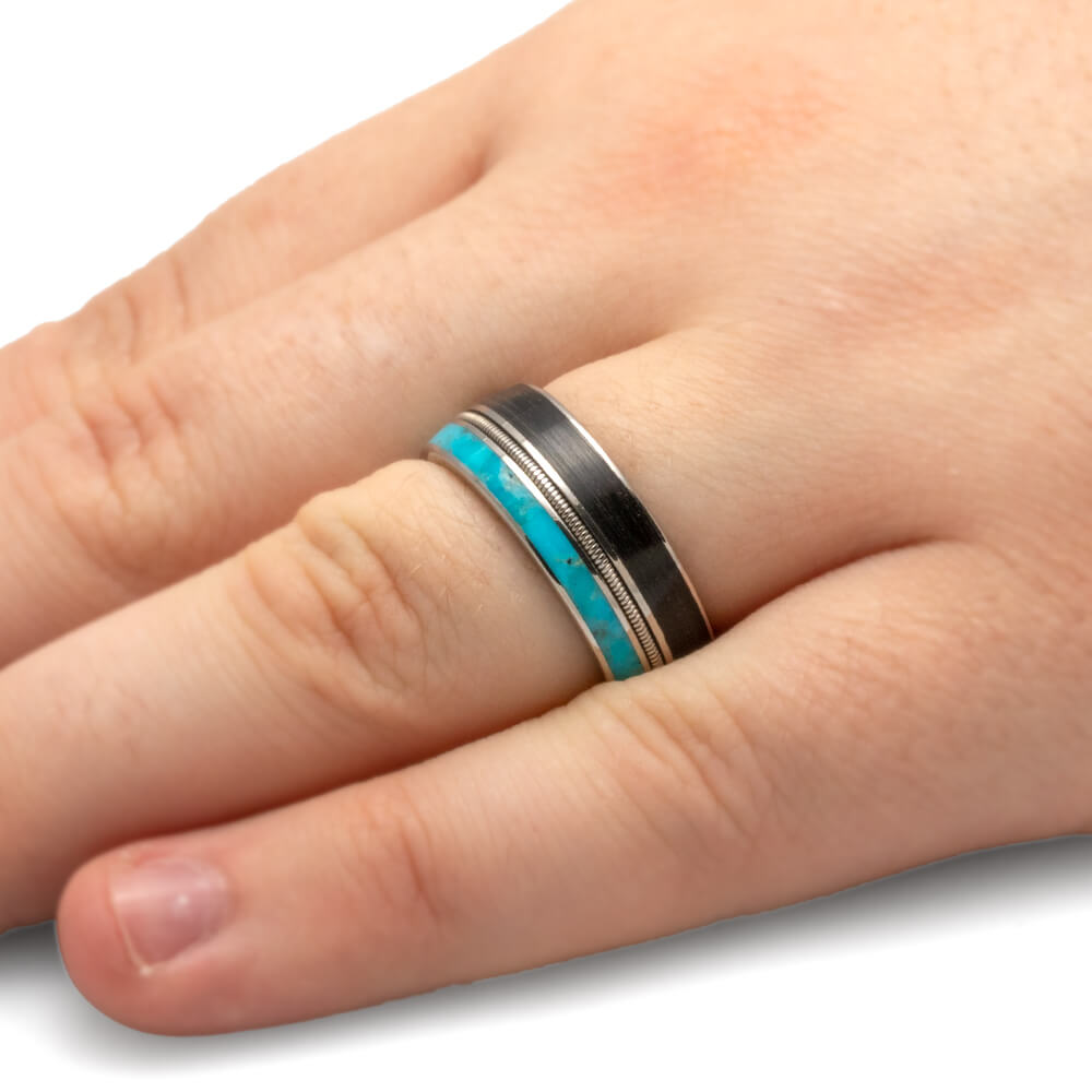 Vinyl Record Ring with Guitar String and Turquoise-3886 - Jewelry by Johan