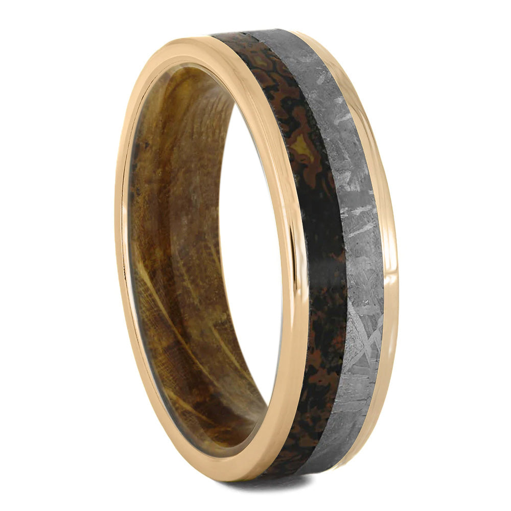 Rose Gold Men's Wedding Band With Meteorite Dinosaur Bone & Wood