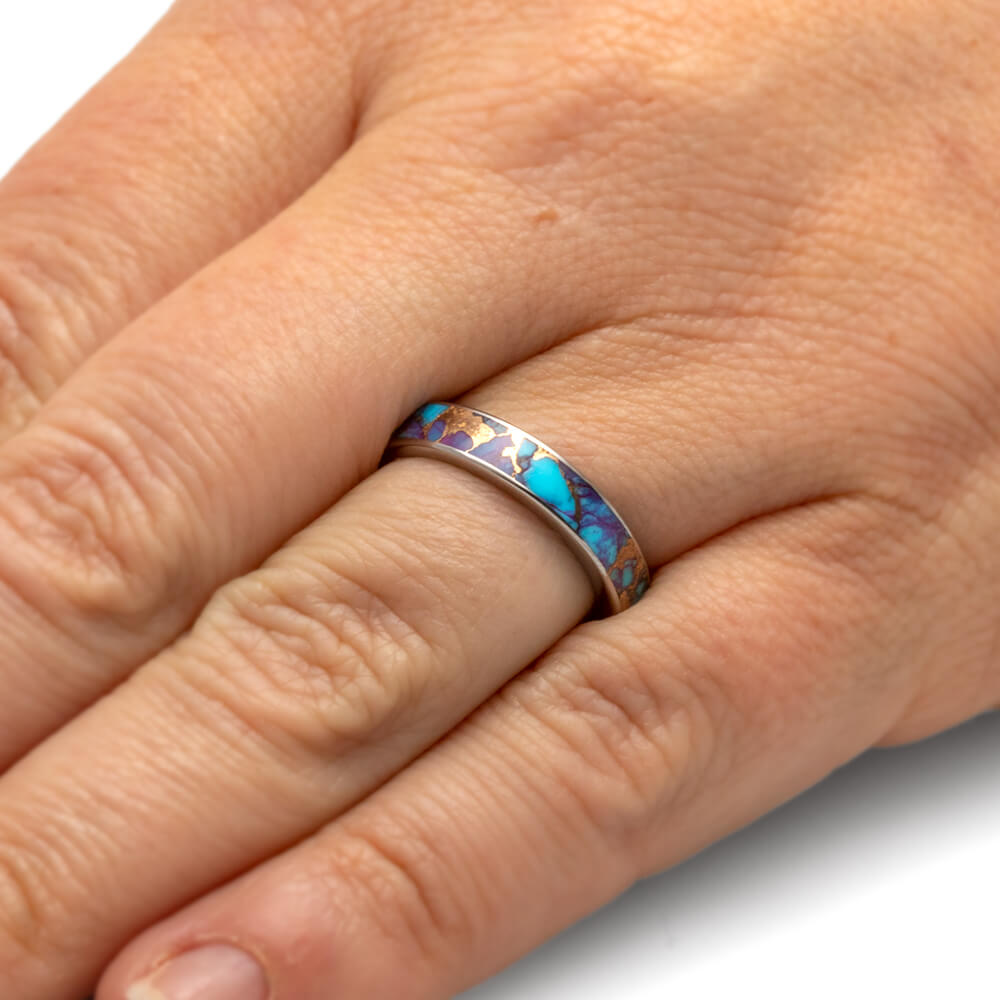 Lava Mosaic Turquoise Ring, Titanium Wedding Band With Unique Stone Inlay-3894 - Jewelry by Johan